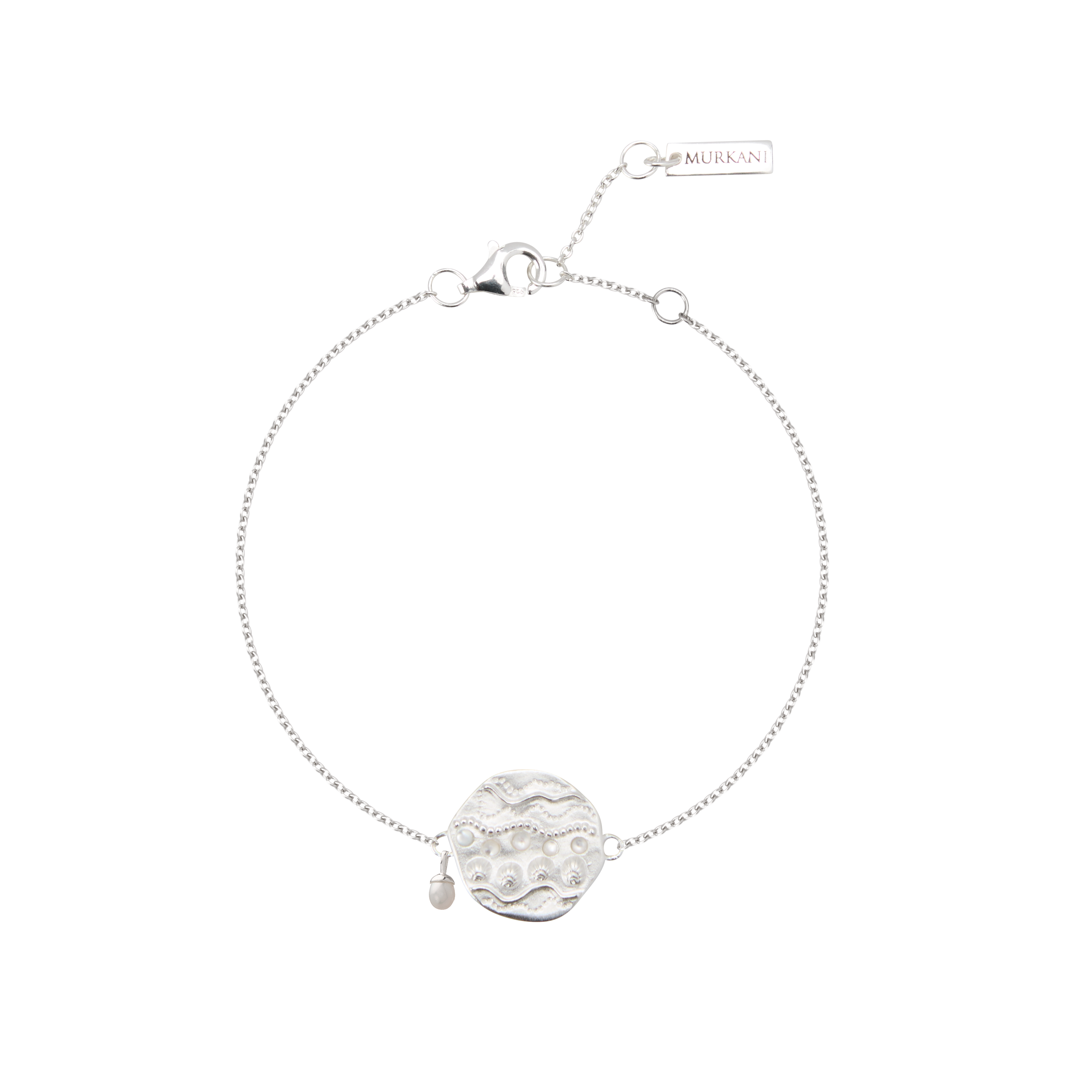 Silver bracelet with a circular design on a white background